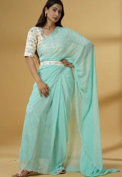 Pre Stitched Georgette Saree in Sky Blue