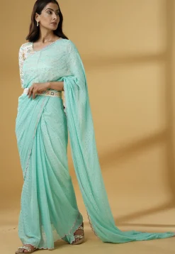 Pre Stitched Georgette Saree in Sky Blue