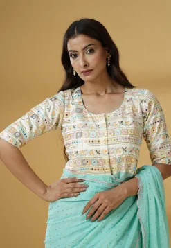 Pre Stitched Georgette Saree in Sky Blue