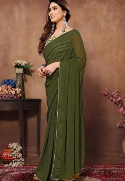 Pre Stitched Georgette Saree in Dark Green