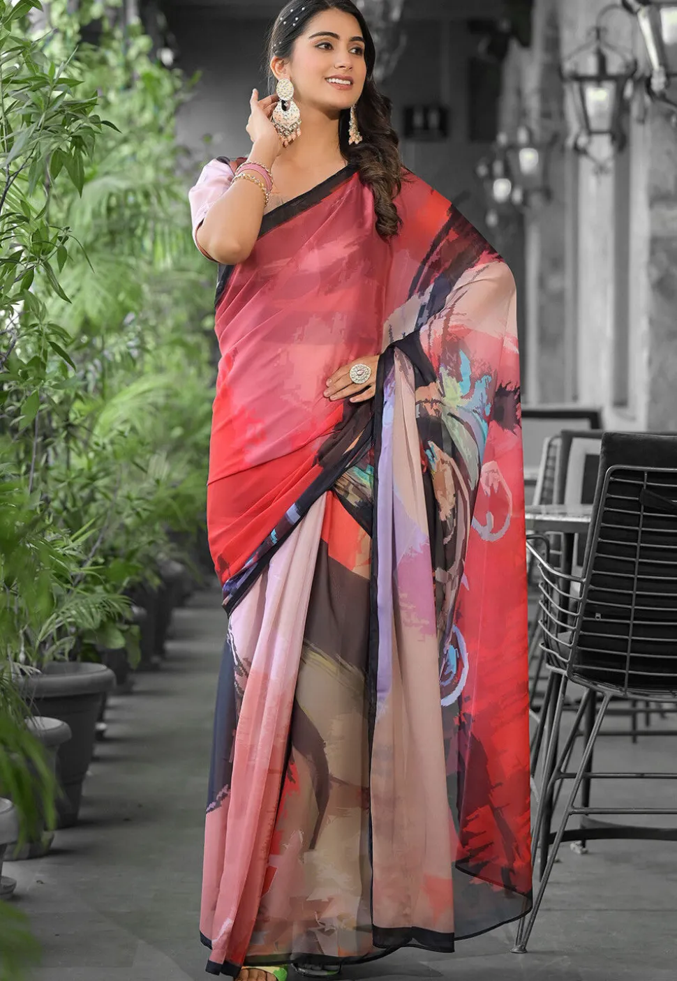 Pre Stitched Georgette Saree in Multicolor