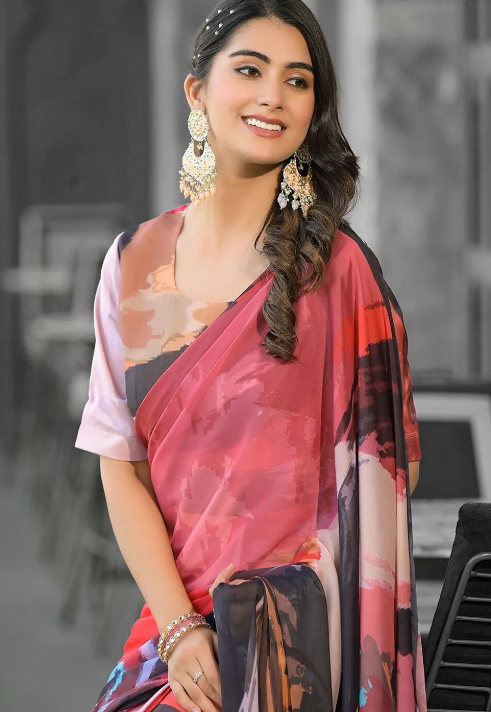 Pre Stitched Georgette Saree in Multicolor