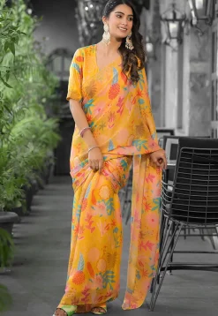 Pre Stitched Georgette Saree in Orange