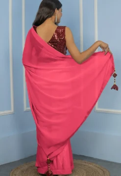 Pre Stitched Georgette Saree in Coral Pink