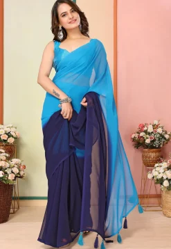 Pre Stitched Georgette Saree in Light Blue and Navy Blue Ombre
