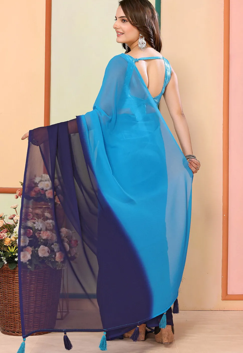 Pre Stitched Georgette Saree in Light Blue and Navy Blue Ombre