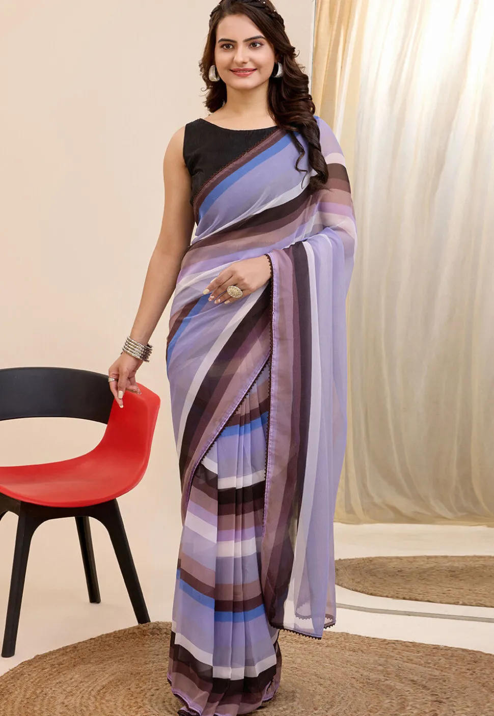 Pre Stitched Georgette Saree in Multicolor