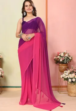 Pre Stitched Georgette Saree in Shaded Pink and Purple