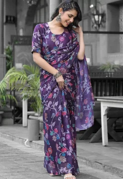 Pre Stitched Georgette Saree in Dark Purple