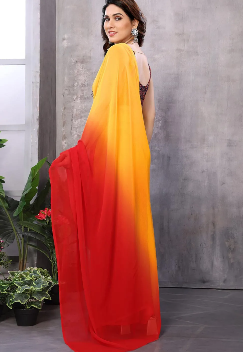 Pre Stitched Georgette Saree in Red and Yellow Shaded