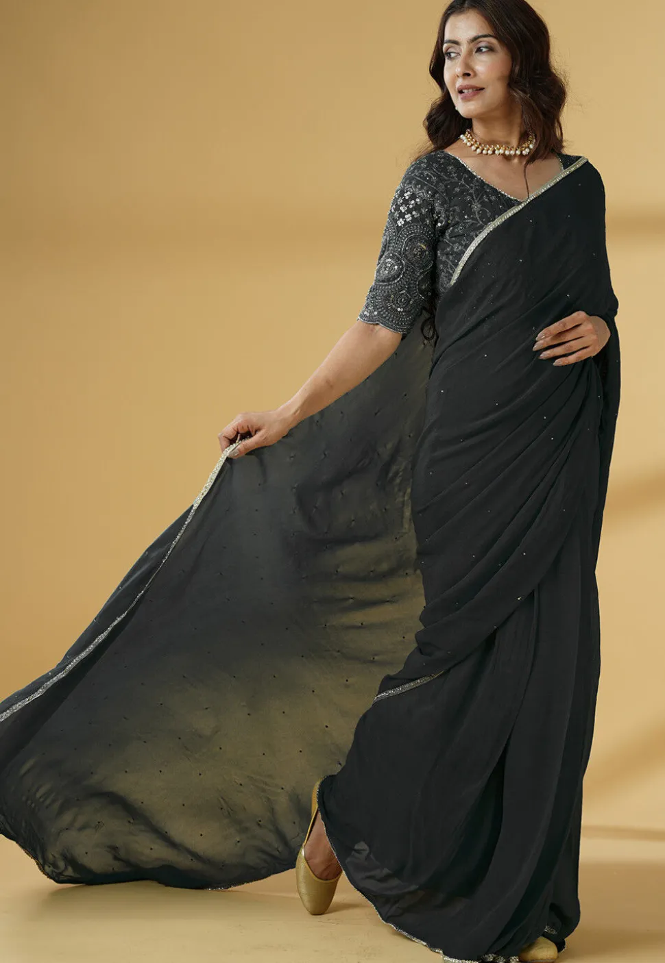 Pre Stitched Georgette Saree in Black