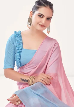 Pre Stitched Georgette Saree in Pre Stitched Sky Blue and Pink