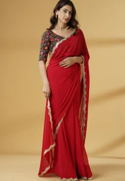 Pre Stitched Georgette Saree in Red
