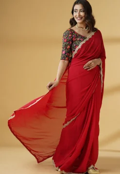 Pre Stitched Georgette Saree in Red