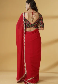 Pre Stitched Georgette Saree in Red