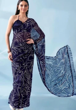 Pre Stitched Georgette Saree in Navy Blue