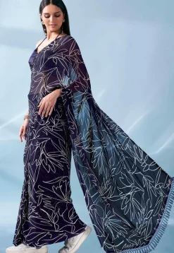 Pre Stitched Georgette Saree in Navy Blue