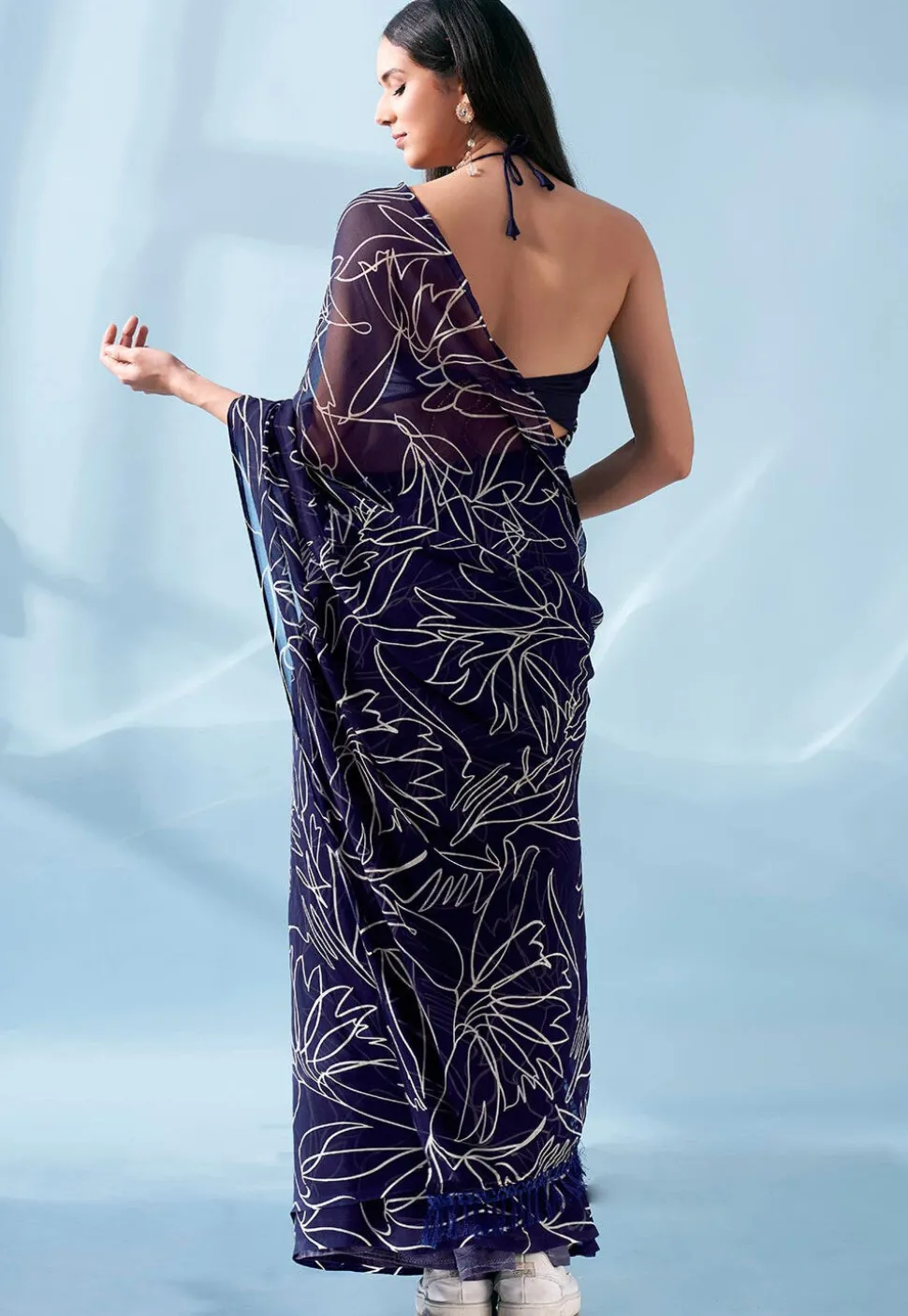 Pre Stitched Georgette Saree in Navy Blue