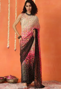 Pre Stitched Georgette Saree in Multicolor
