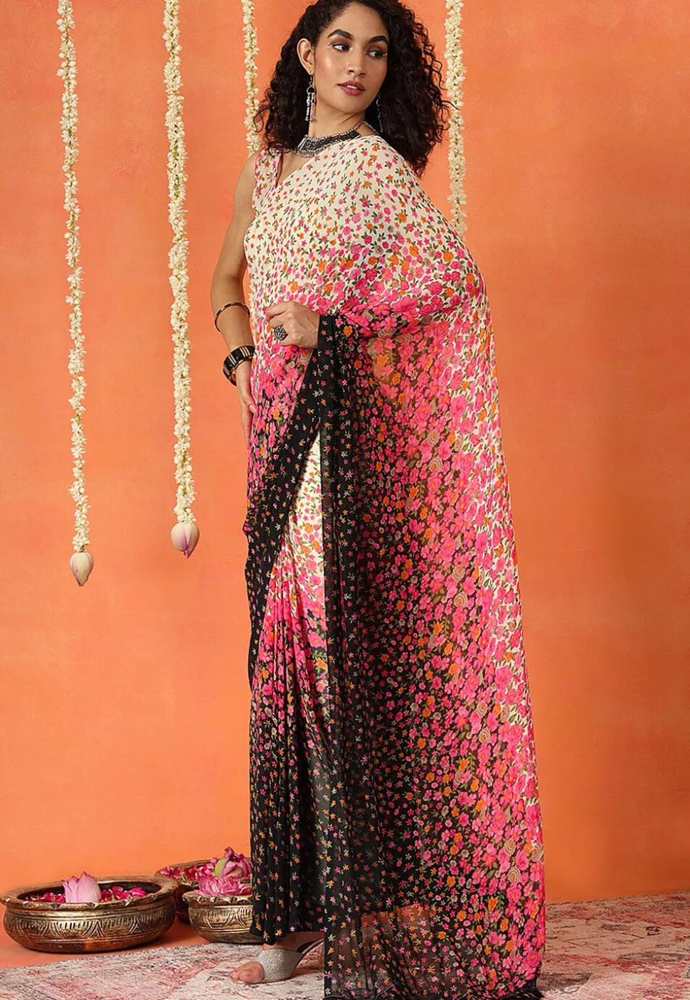 Pre Stitched Georgette Saree in Multicolor
