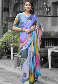 Pre Stitched Georgette Saree in Multicolor