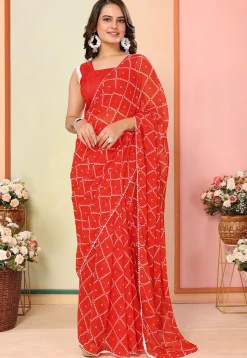 Pre Stitched Georgette Saree in Red