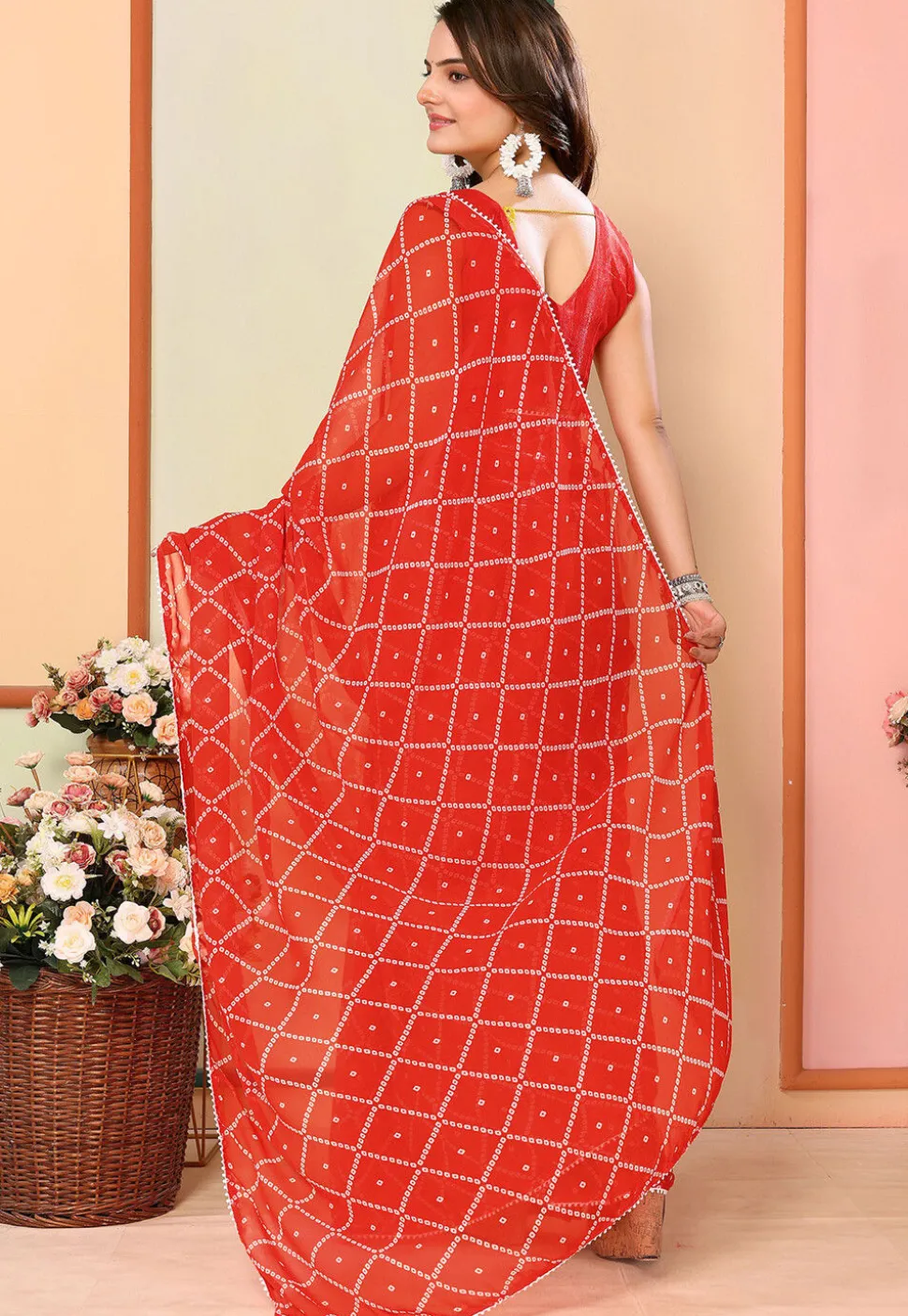 Pre Stitched Georgette Saree in Red