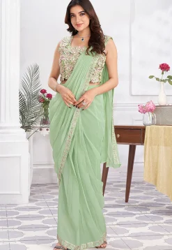 Pre Stitched Georgette Saree in Light Green