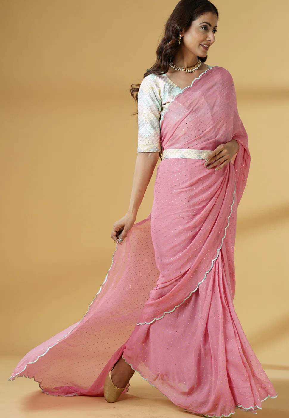 Pre Stitched Georgette Saree in Pink