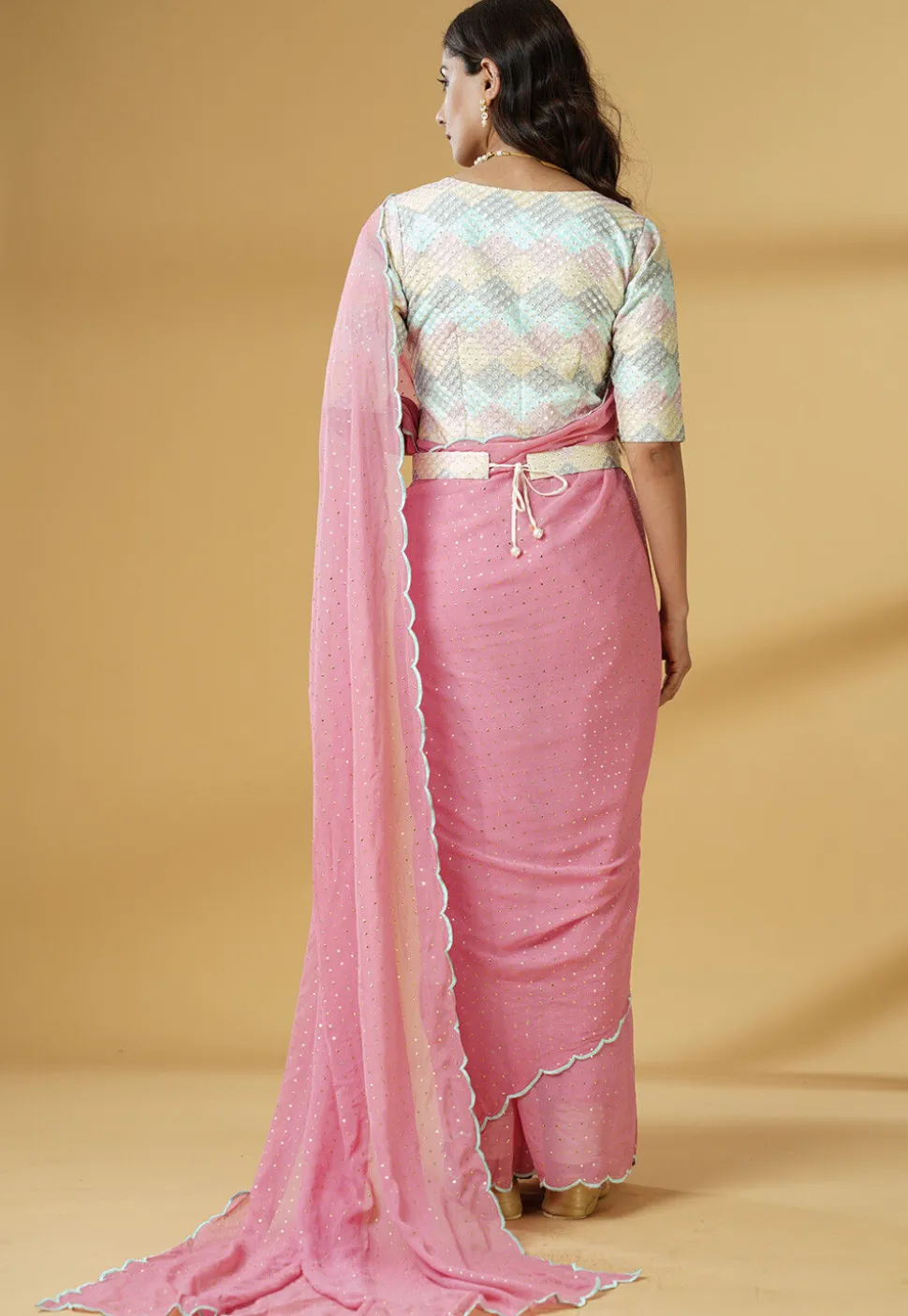 Pre Stitched Georgette Saree in Pink