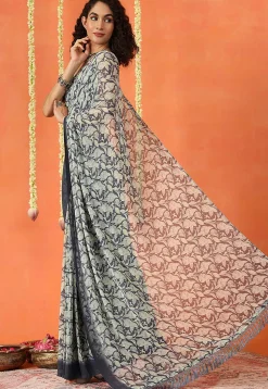 Pre Stitched Georgette Saree in Grey and Cream