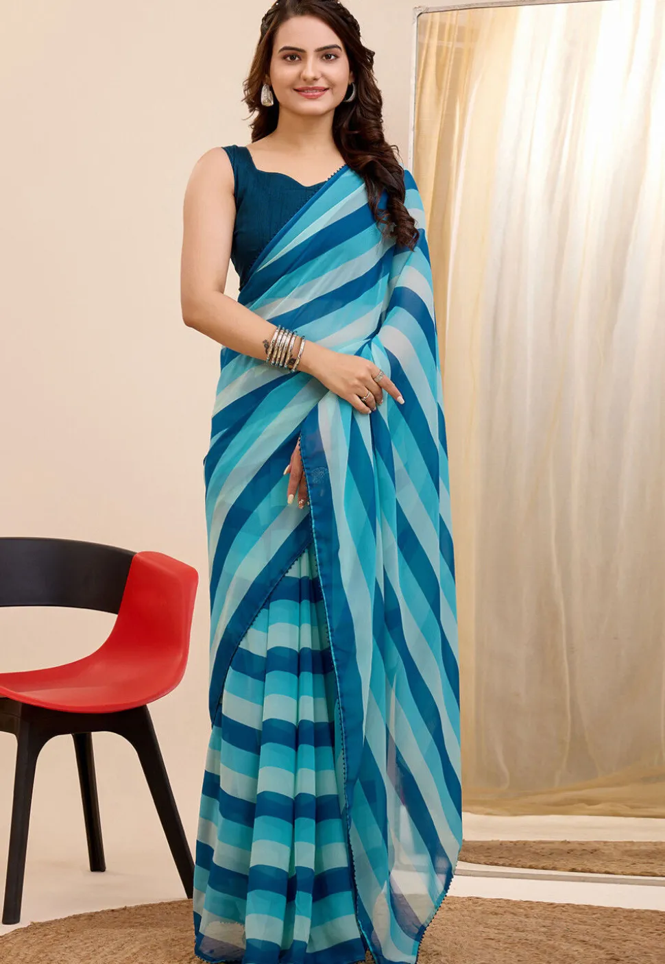 Pre Stitched Georgette Saree in Blue
