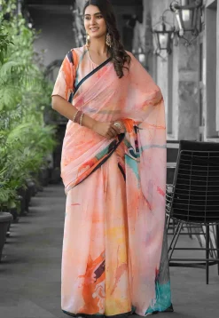 Pre Stitched Georgette Saree in Peach