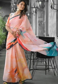 Pre Stitched Georgette Saree in Peach