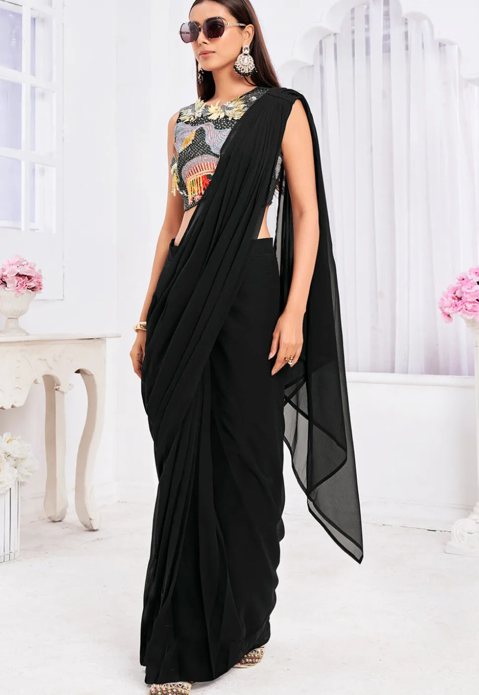Pre Stitched Georgette Saree in Black