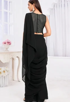 Pre Stitched Georgette Saree in Black