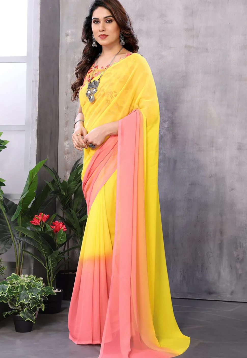 Pre Stitched Georgette Saree in Yellow and Peach Shaded