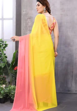 Pre Stitched Georgette Saree in Yellow and Peach Shaded