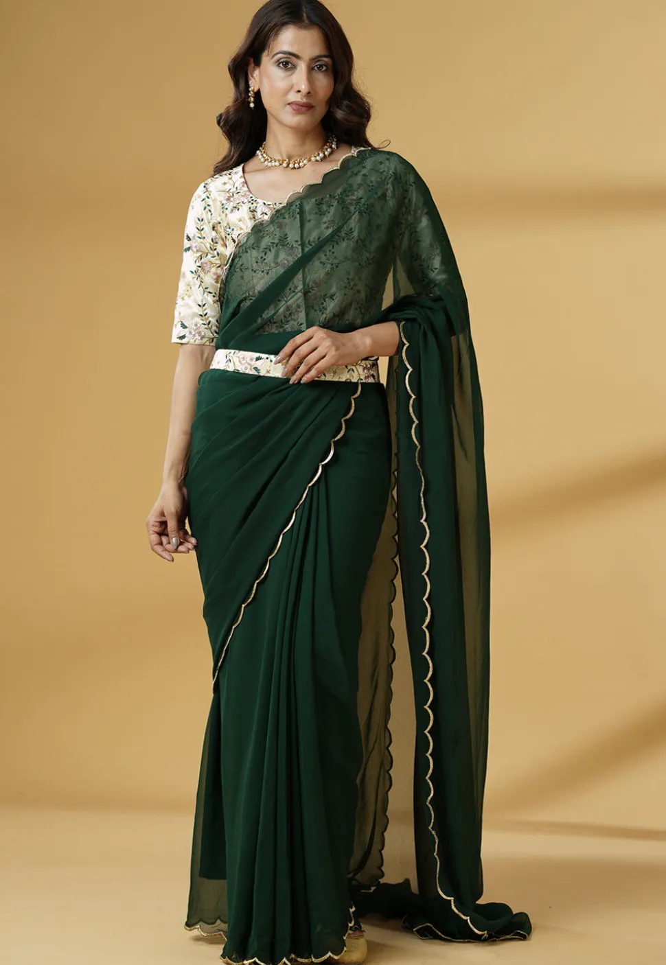 Pre Stitched Georgette Saree in Dark Green