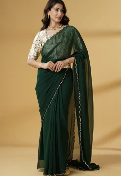Pre Stitched Georgette Saree in Dark Green