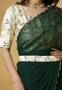 Pre Stitched Georgette Saree in Dark Green