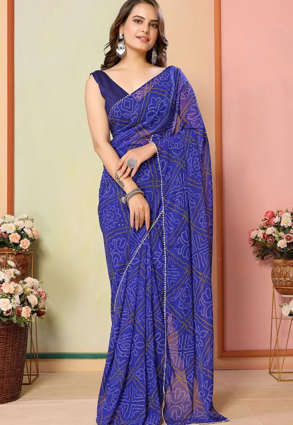 Pre Stitched Georgette Saree in Blue