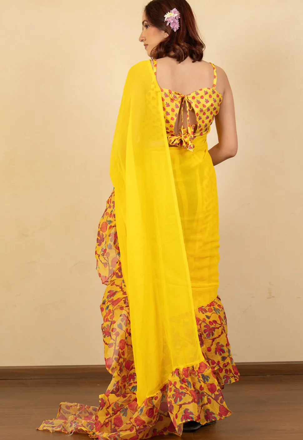 Pre Stitched Georgette Saree in Yellow