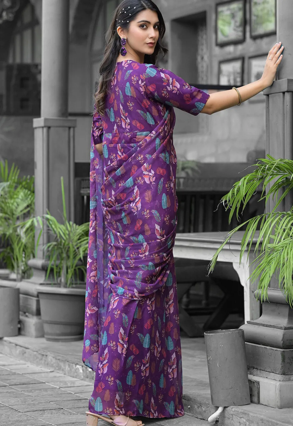 Pre Stitched Georgette Saree in Purple