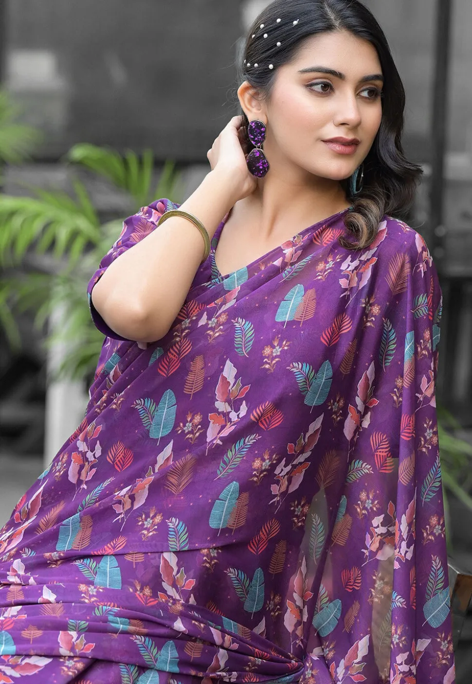 Pre Stitched Georgette Saree in Purple