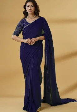 Pre Stitched Georgette Saree in Navy Blue