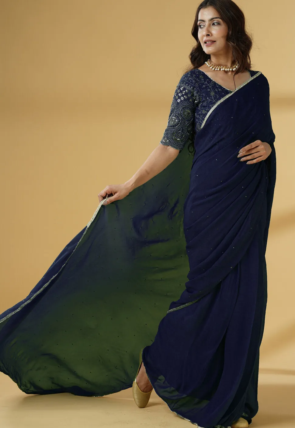 Pre Stitched Georgette Saree in Navy Blue