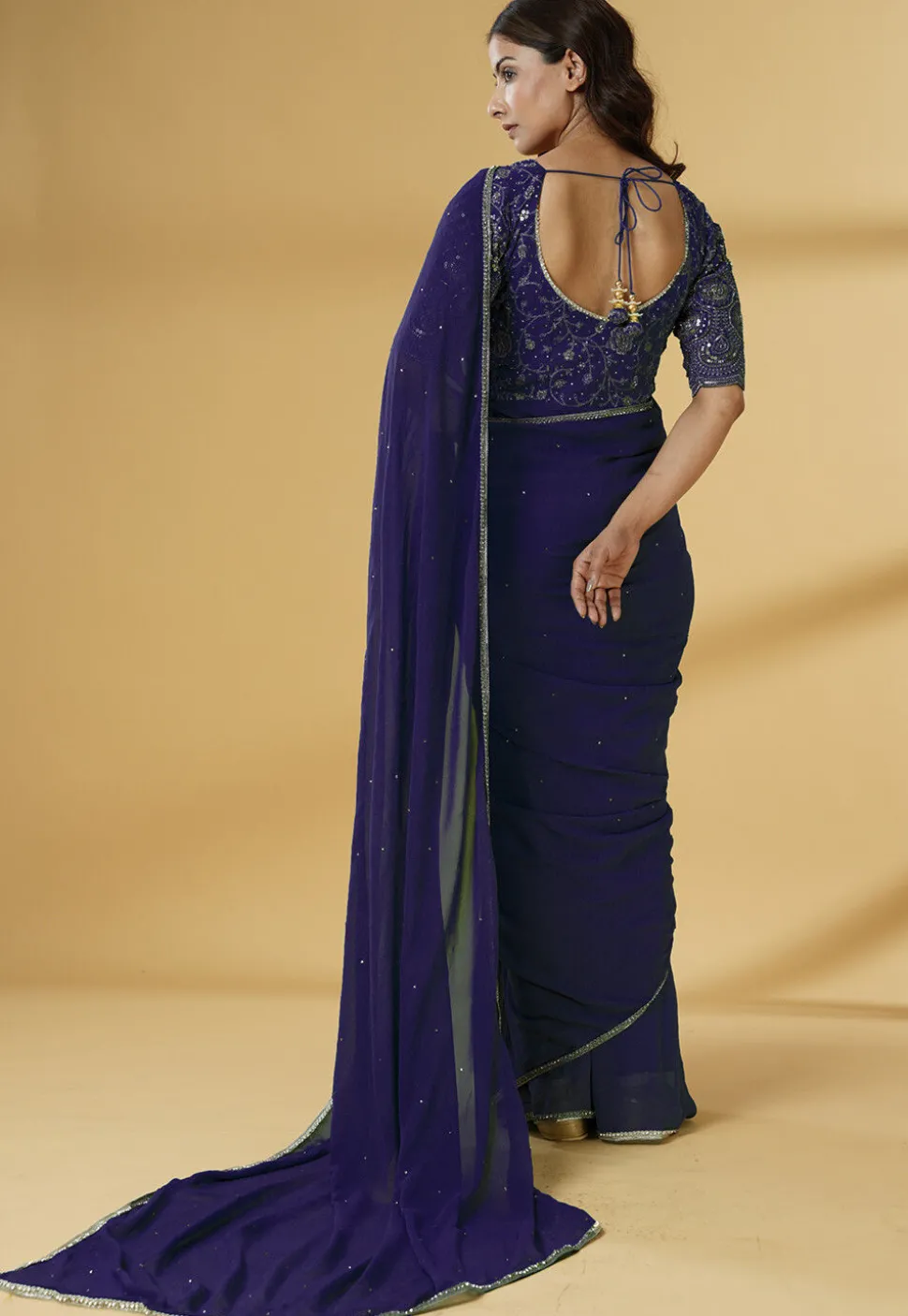 Pre Stitched Georgette Saree in Navy Blue