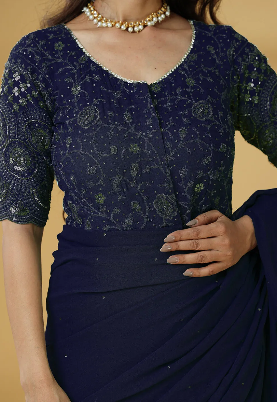 Pre Stitched Georgette Saree in Navy Blue
