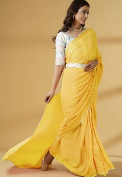 Pre Stitched Georgette Scalloped Saree in Yellow